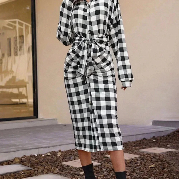Black & White Casual Womens Gingham Drop Shoulder Ruched Belted Shirt Dress - Picture 5 of 5